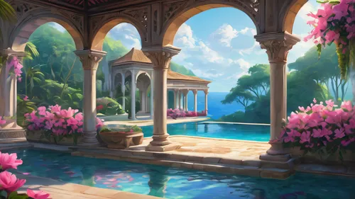 pool house,water palace,underwater oasis,tropical bloom,idyllic,fantasy landscape,oasis,aqua studio,dandelion hall,camellias,idyll,resort,secret garden of venus,tropical house,landscape background,bougainvilleas,luxury property,mansion,bougainvillea,marble palace,Photography,General,Natural