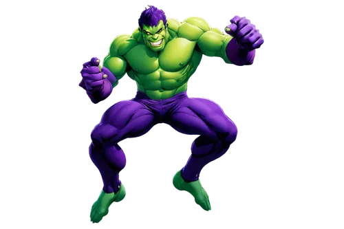 Grape Ape, purple skin, green hair, muscular build, smiling face, dynamic pose, shiny skin, vibrant color, soft focus, warm lighting, 3/4 composition, low-angle shot.,cleanup,energex,annihilus,avenger