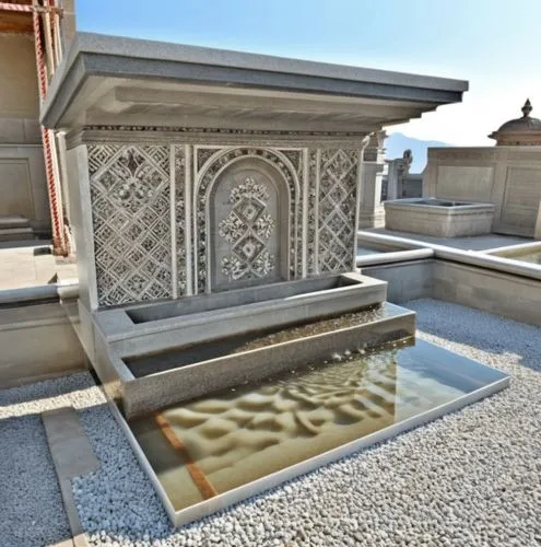 antique fountain.blasted stone.marble covering.marble motif.decorative marble elements.shaped marble pieces.,a large fountain is sitting in a building,mikvah,cimitero,epitaphios,tomb,mausoleum,tombs,P