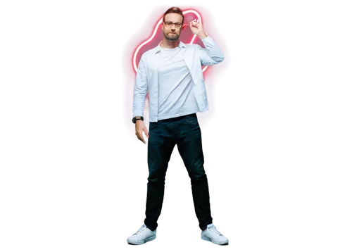 cybersecurity expert, male, mature, solo, (40yo), short hair, glasses, beard, white shirt, black jeans, sneakers, standing, confident posture, hands behind back, futuristic background, neon lights, ci