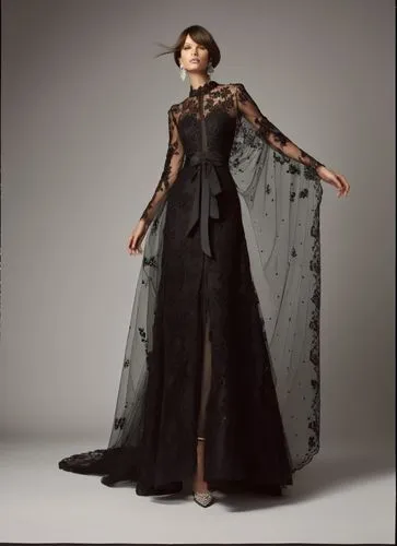 a woman wearing an black gown with sheer, lace, and flowers,dress walk black,gothic dress,a floor-length dress,schiaparelli,poiret,anchoress,Illustration,Realistic Fantasy,Realistic Fantasy 10