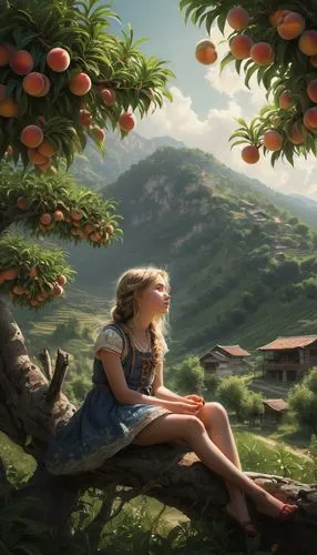 girl picking apples,apple mountain,apple orchard,apple tree,picking apple,apple harvest,apple trees,orchard,woman eating apple,girl with tree,peach tree,apple world,rapunzel,alice in wonderland,orchards,heidi country,sleeping apple,apple picking,rose sleeping apple,apples,Conceptual Art,Fantasy,Fantasy 11