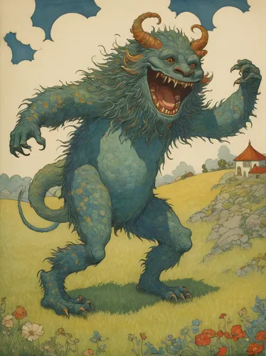 landmannahellir,child monster,anthropomorphized animals,running frog,game illustration,vintage illustration,snarling,khokhloma painting,childrens books,book illustration,kate greenaway,blue monster,t rex,green dragon,saurian,supernatural creature,green animals,critter,wallace's flying frog,vintage art,Illustration,Retro,Retro 17