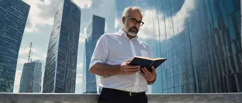 Nikos Salingaros, architectural theorist, middle-aged man, glasses, short beard, white shirt, dark trousers, holding a book, standing in front of a modern skyscraper, cityscape, urban landscape, after