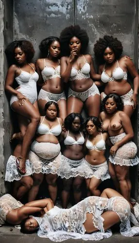 Photography of a big and massively group of african women in lace bodies, piled on top of each other in a big mess in the limited space. In front of the women is a dark concrete doorway from which eme