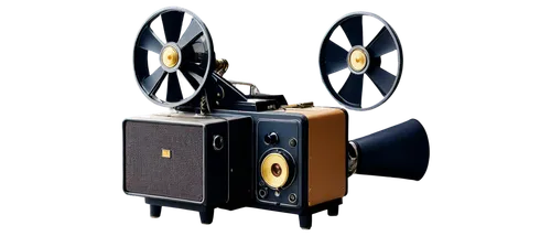 Retro-style, super 8mm film projector, old-school sound speakers, vintage metal body, leather carrying handle, reel-to-reel mechanism, warm golden lighting, shallow depth of field, nostalgic atmospher