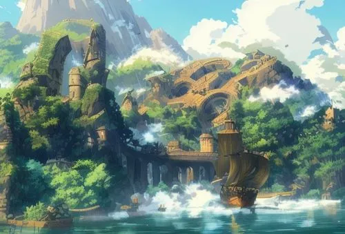 A medieval ship approaching a skull island covers with trees and hidden in the mist
,water castle,meteora,studio ghibli,ancient city,fantasy landscape,floating island,floating islands,background with 