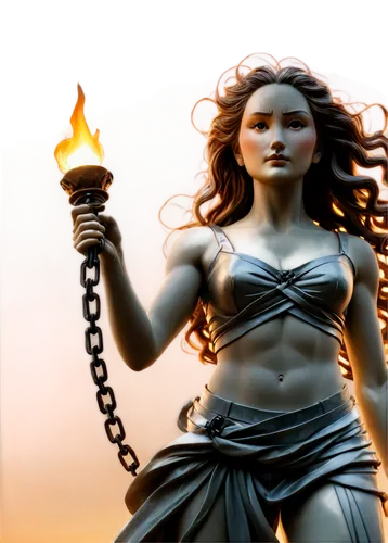 Freedom statue, pedestal, broken chains, torch, tablets, strong facial expression, wind-blown hair, dramatic lighting, sunset background, panoramic view, 3/4 composition, warm color tone, cinematic at