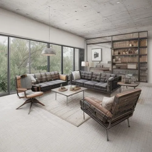 modern living room,mid century modern,family room,living room,sitting room,mid century house,interior modern design,contemporary decor,bonus room,livingroom,modern decor,3d rendering,interior design,home interior,apartment lounge,concrete ceiling,mid century,sofa set,modern room,loft,Interior Design,Floor plan,Interior Plan,Industrial