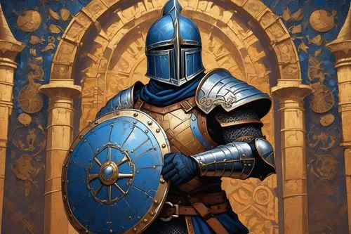 Pixel art shield, medieval knight, ornate metal design, blue and gold colors, intricate details, worn and rusty texture, held by a strong muscular arm, leather gloves, chainmail sleeves, heroic pose, 