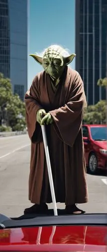 Yoda, standing, Jedi Master, old, wise, wrinkled skin, long white hair, brown robes, holding a cane, serious expression, Honda Civic, red car, shiny surface, sporty wheels, urban street, cityscape, mo