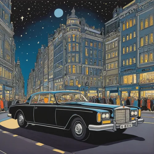 Driving a luxurious car through a bustling city at night.,mercedes-benz 600,rolls-royce silver dawn,daimler sovereign,mercedes-benz w120,rolls-royce silver cloud,rolls-royce corniche,rolls-royce phant