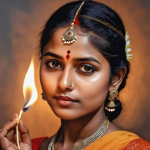 the drawings drawn with lit matches were cute, in the style of indian feminine portraiture, golden light, light gray, pensive poses, smokey background, light orange and light black, light & shadow ,kr