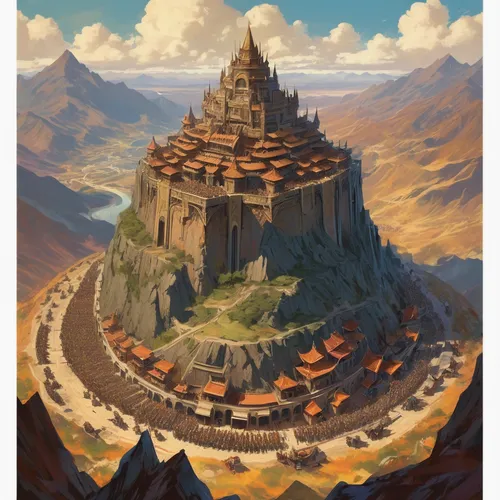 mountain settlement,travel poster,ancient city,summit castle,russian pyramid,gold castle,castle of the corvin,mongolia mnt,knight's castle,tower of babel,kings landing,pyramids,peter-pavel's fortress,step pyramid,fortress,stone palace,castles,hogwarts,castle,mountain world,Conceptual Art,Fantasy,Fantasy 18