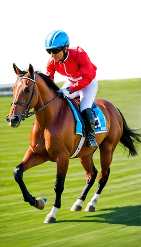 Racing horse, dynamic pose, muscular body, shiny coat, jockey riding, colorful saddle, helmet, sunglasses, motion blur, speed lines, sunny day, grass track, 3/4 composition, low-angle shot, dramatic l