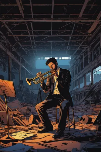 Craft a suspenseful story set in an abandoned warehouse during a trombone concert.,man with saxophone,trumpet player,saxophone playing man,trumpeter,drawing trumpet,trumpet climber,saxophonist,trombon