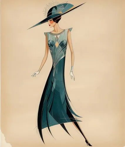 Woman wearing a old raffled dress with large sunhead. She is mysterous,woman in blue,poiret,art deco woman,fashionista from the 20s,schiaparelli,temperley,vintage illustration,Illustration,Vector,Vect