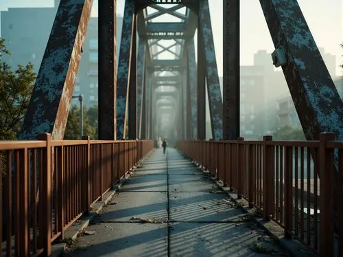 Rustic steel bridges, worn wooden railings, distressed metal textures, earthy brown tones, muted gray concrete, weathered blue hues, atmospheric mist effects, warm golden lighting, soft focus, shallow