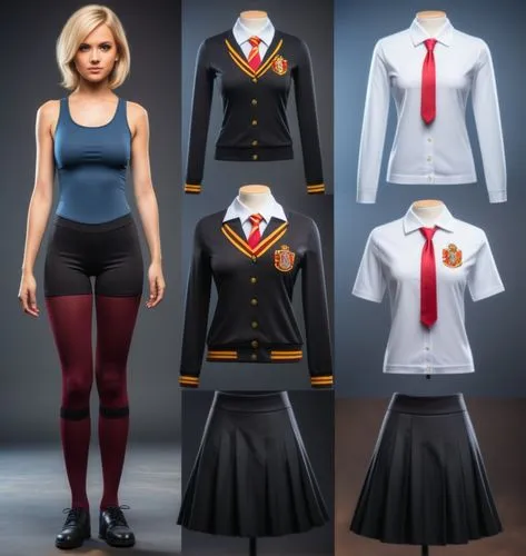 Paper doll Hogwarts 16 year old schoolgirl in black sleeveless shirt ,black tight fit spandex shorts with black sock and black shoe standing surrounded by with a set of Hogwarts Gryffindor school unif