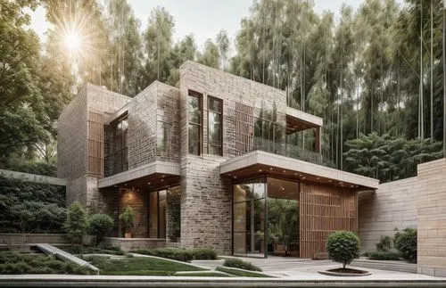 this contemporary, brick and wood house has an interesting garden,3d rendering,modern house,hovnanian,luxury property,luxury home,beautiful home,Architecture,General,Masterpiece,Vernacular Modernism