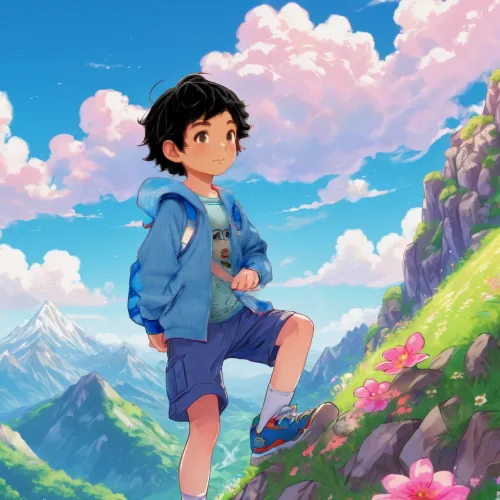 studio ghibli,meteora,mountain guide,springtime background,little clouds,blue mountain,mountain world,blue sky clouds,mountain,the spirit of the mountains,blue sky and clouds,hiker,wander,spring backg