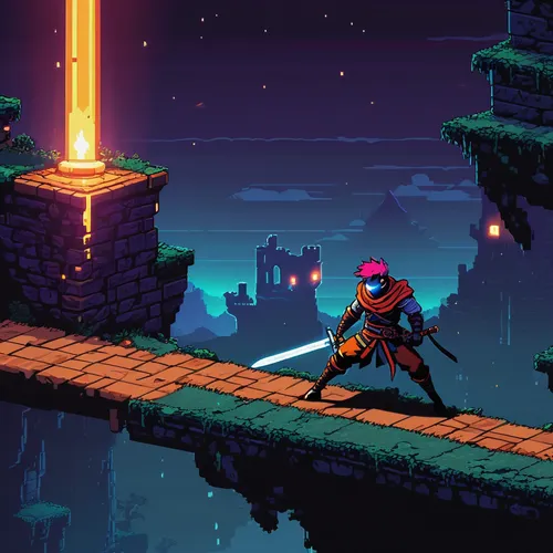 laser sword,chasm,pixel art,game art,tower fall,daredevil,knight's castle,king sword,game illustration,katana,citadel,dusk background,knight star,refinery,lightsaber,frame mockup,sword fighting,action-adventure game,swordsman,dusk,Conceptual Art,Daily,Daily 16