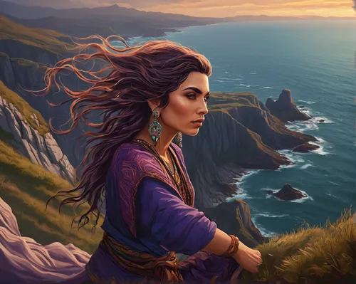 fantasy portrait,the wind from the sea,mountain and sea,world digital painting,fantasy art,fantasy picture,moana,wanderer,the wanderer,ear of the wind,elven,heroic fantasy,girl on the dune,mountain spirit,yogananda,rapunzel,sea-lavender,sci fiction illustration,the spirit of the mountains,rosa ' amber cover,Illustration,Realistic Fantasy,Realistic Fantasy 45