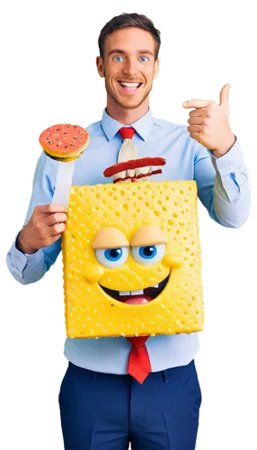 SpongeBob SquarePants, yellow skin, porous body, bright blue eyes, goofy smile, iconic square pants, white shirt, red tie, excited expression, enthusiastic pose, holding Krabby Patty, kitchen backgrou