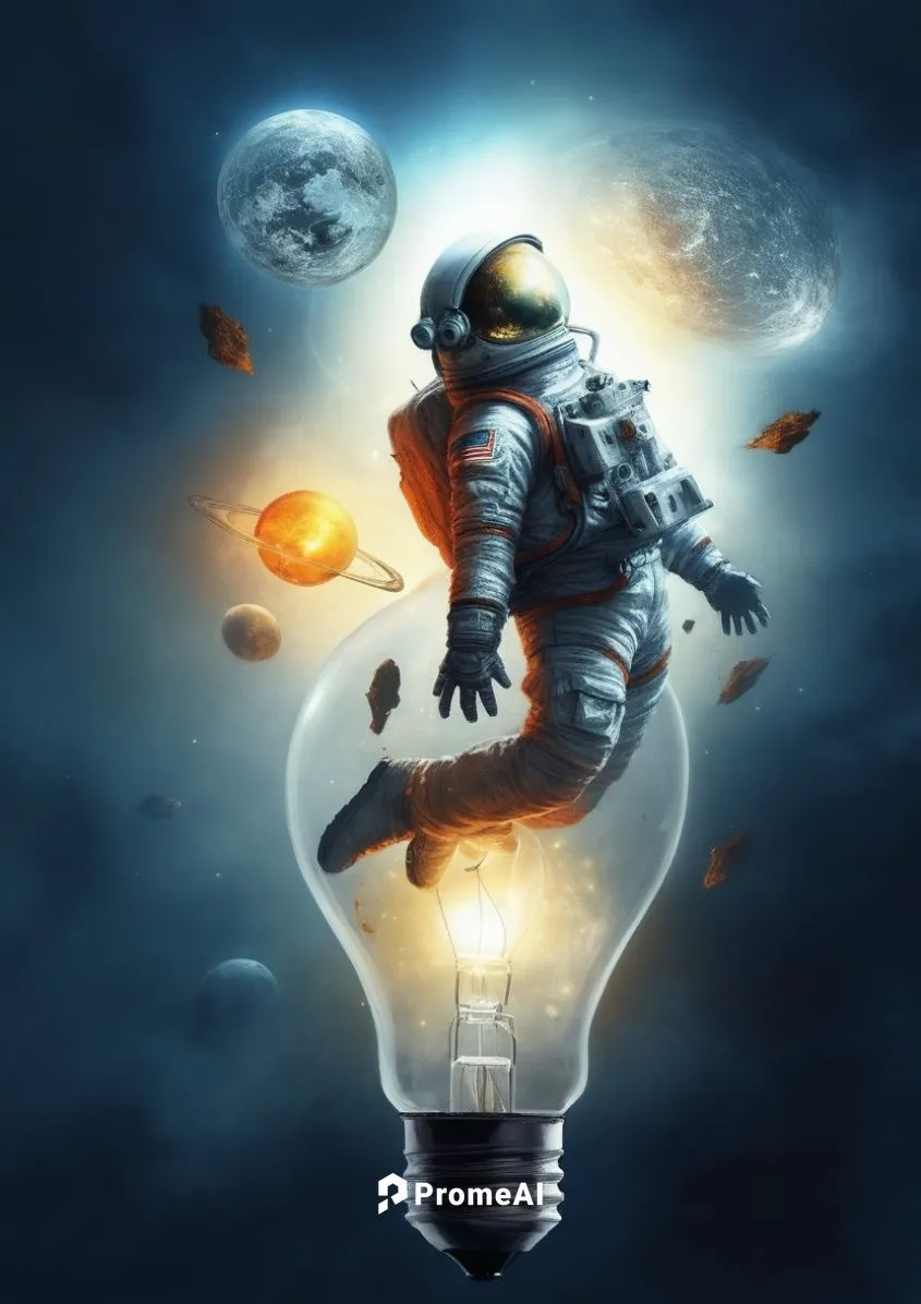 an astronaut breaking free from a bulb, surreal and magical ambience,sci fiction illustration,astronautic,the light bulb,astronautical,moonman,bulb,astronaut,lightbulb,spaceman,light bulb,spacesuit,se