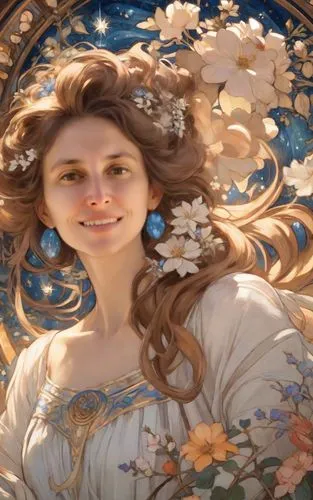 belldandy,fantasy portrait,margaery,margairaz,mystical portrait of a girl,fairie,fractals art,faerie,galadriel,faery,mucha,lughnasadh,flowers celestial,frigga,diwata,fantasy art,nunnally,girl in flowers,persephone,seregil,Digital Art,Impressionism