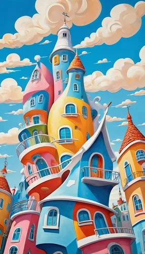 candyland,houses clipart,hanging houses,lazytown,playhouses,fantasy city,toontown,housetop,house painting,whipped cream castle,house roofs,dreamhouse,seaside resort,colorful city,children's background,escher village,roof domes,rizzi,imaginationland,popeye village,Conceptual Art,Oil color,Oil Color 24