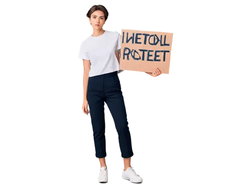 Strong feminist, solo, determined facial expression, short hair, bold eyebrows, minimal makeup, white shirt, high-waisted black pants, Converse shoes, holding a protest sign, standing with feet should