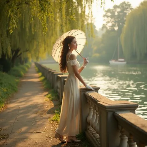 Riverbank, classicism style, serene atmosphere, warm sunlight filtering through trees, elegant lady, 25yo, curly brown hair, soft makeup, pearl earrings, white gloves, long flowing dress, lace details