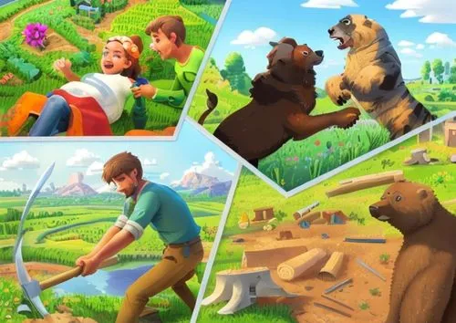 man tilling the land and next to him a brown bear sad to see his habitat destroyed,forest animals,animals hunting,zookeeper,woodland animals,children's background,farm pack,playing puppies,meadow play