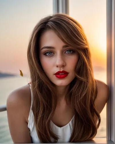 a portrait of a young beautiful caucasian girl 26 years old, brown hair, red lips wearing a white dress stand up in a balcony at sunset in Rio de Janeiro as background in 4k,beautiful young woman,roma