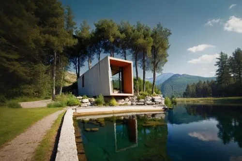 house with lake,inverted cottage,mirror house,house by the water,cubic house,zumthor,house in the mountains,corten steel,house in mountains,summer house,the cabin in the mountains,pool house,snohetta,