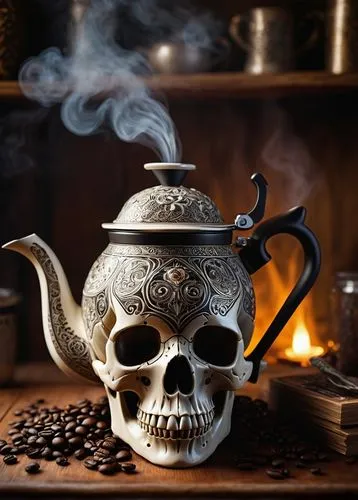 Skull-shaped, coffee pot, ceramic material, intricate bone patterns, metallic accents, steam rising, morning light, wooden table, vintage kitchen, warm atmosphere, cozy setting, subtle smoke effect, 3