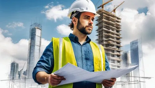 Modern architect, standing, confident pose, wearing safety helmet, yellow vest, holding blueprints, pencil in hand, construction site background, skyscraper, urban cityscape, sunny day, few puffy whit