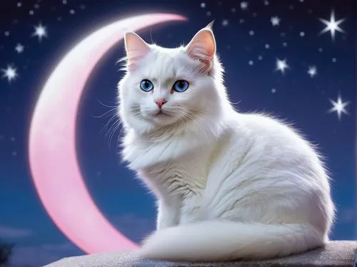 turkish angora,turkish van,blue eyes cat,white cat,cat with blue eyes,moonbeam,cat vector,japanese bobtail,cat on a blue background,cute cat,moon and star background,cat image,herfstanemoon,cat kawaii,luna,pink cat,capricorn kitz,moonlit night,moon night,breed cat,Illustration,American Style,American Style 05