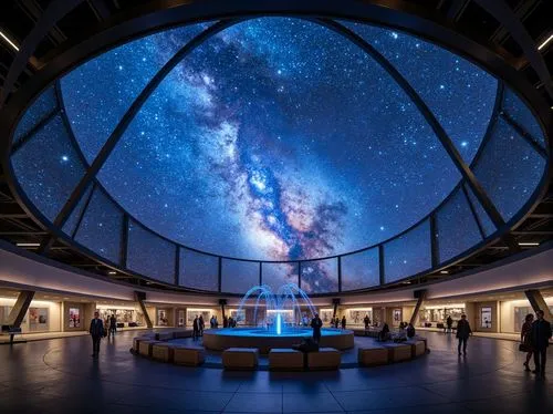 Celestial planetarium dome, vast open interior, starry night sky projection, circular seating arrangement, futuristic architecture design, sleek metal beams, transparent glass roof, minimalist decor, 