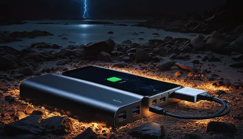 Create a dramatic scenario surrounding a power bank.,power bank,the battery pack,power inverter,battery pack,battery charger,charging the battery,battery charging,battery power,fully charged,charging 