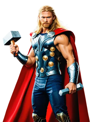 Thor, god of thunder, holding hammer Mjolnir, muscular arms, broad chest, golden armor, red cape flowing, blonde hair, beard, fierce expression, standing pose, heroic stance, dramatic lighting, cinema