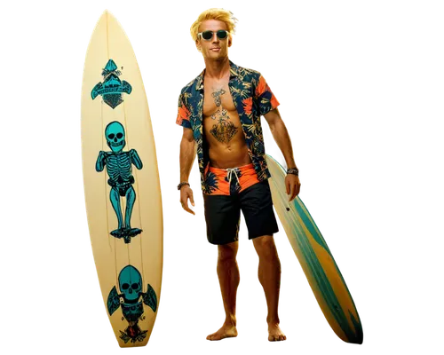 Skeleton, surfer, beach scene, sunset background, white bone structure, glowing eyes, tribal tattoo on skull, messy blonde hair, sunglasses with bright colored frames, Hawaiian shirt, board shorts, ba