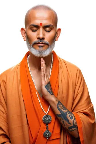 Hindu monk, Indian priest, meditation pose, closed eyes, peaceful face, orange robe, golden trim, white beard, prayer beads, lotus flower, intricate tattoos, sacred geometry patterns, soft warm light,