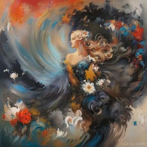 falling flowers,girl in flowers,wreath of flowers,flower painting,floral composition,flora,blue birds and blossom,oil painting on canvas,splendor of flowers,chinese art,girl in a wreath,orange blossom