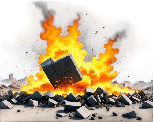 Dynamic explosion, shockwave, orange-yellow flames, smoke clouds, debris flying everywhere, metallic shrapnel, cracked ground, 3D rendering, cinematic composition, high-contrast lighting, dramatic cam