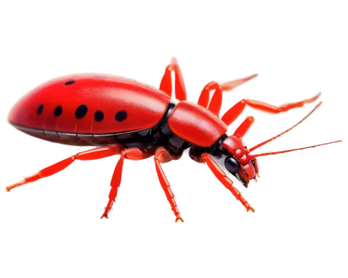 Tiny red bugs, macro shot, close-up, detailed texture, shiny exoskeleton, six legs, antennae, compound eyes, bright red body, metallic sheen, soft focus background, natural lighting, 1/4 composition, 