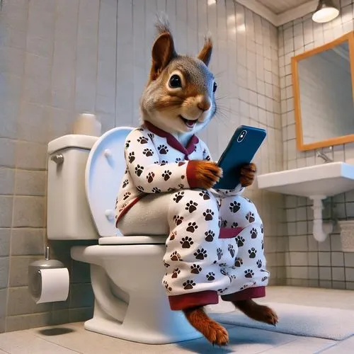 anthropomorphic 3d squirrel sitting on a water closet, wearing pyjamas with paw prints, going for a poop, and reading and iphone, background bathroom,squirell,scrat,alvin,squeakquel,relaxed squirrel,r