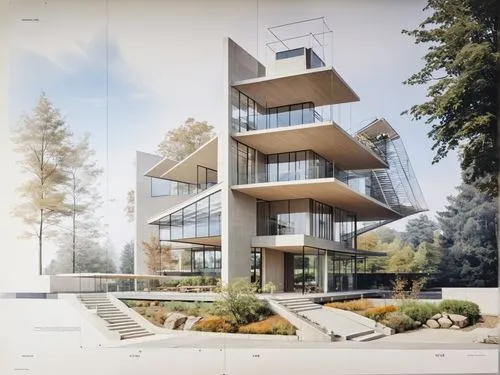 a building with stairs and lots of windows,renderings,cantilevered,neutra,cantilevers,ucsc,modern architecture,Photography,General,Realistic