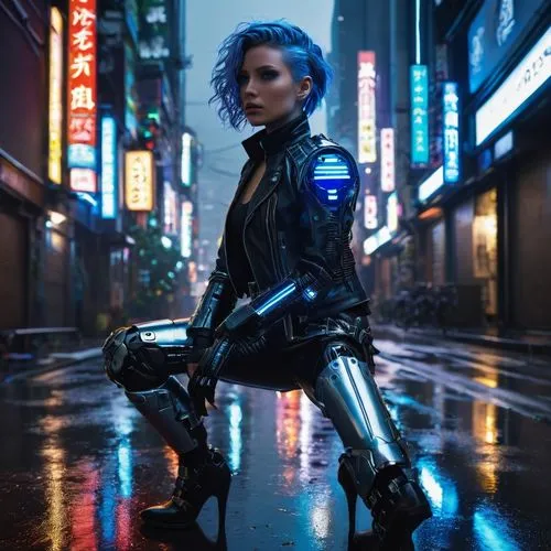 _pci_lexa, female, futuristic, sci-fi, robot, cyborg, blue circuitry hair, glowing blue eyes, metallic skin, black leather jacket, silver armor, robotic legs, high heels, neon cityscape, Tokyo streets